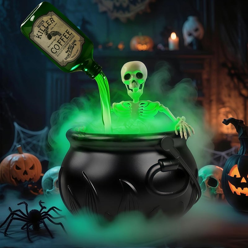 ANGAR Halloween Decorations Indoor, Cauldron Halloween Decor Set with Magic Floating Potion Bottles Skeleton Mist Maker, Black Witches Cauldron Diffuser for Home Kitchen Mantel Party Decor - Image 1